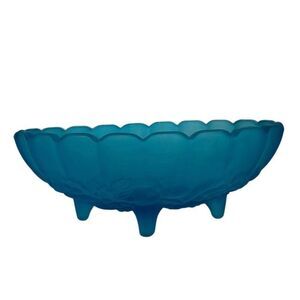 Vintage Footed Fruit Bowl 12“ x 8“ Blue Satin Frosted Glass Embossed Oval MCM
